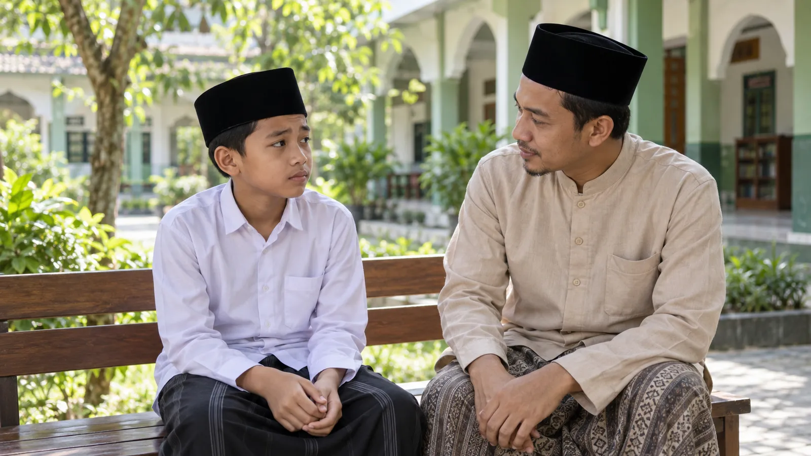 Ilustrasi santri berbicara dengan pengasuh yang mendengarkan di halaman pesantren.