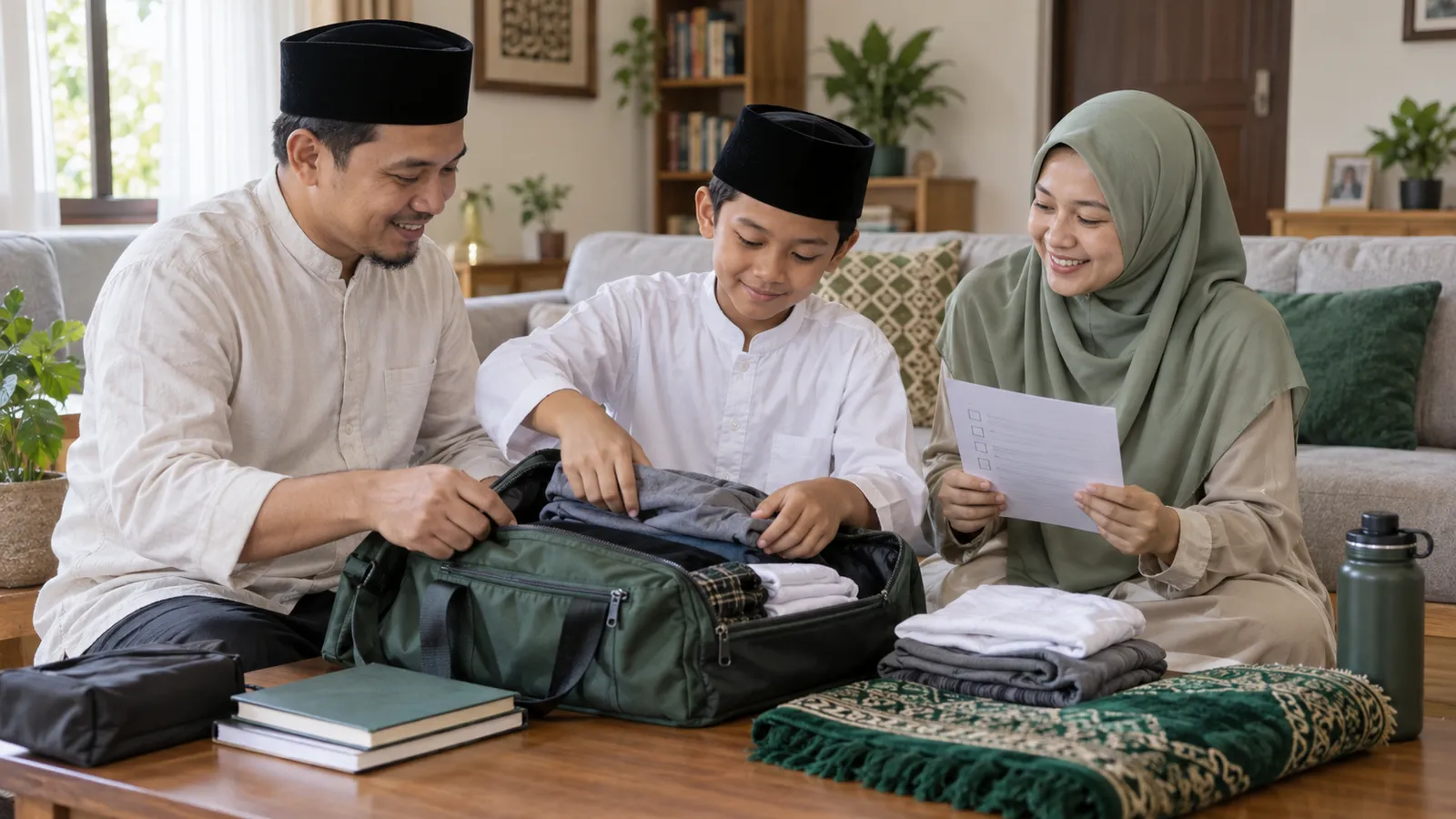 Orang tua mendampingi anak menyiapkan tas dan perlengkapan sebelum masuk pesantren.