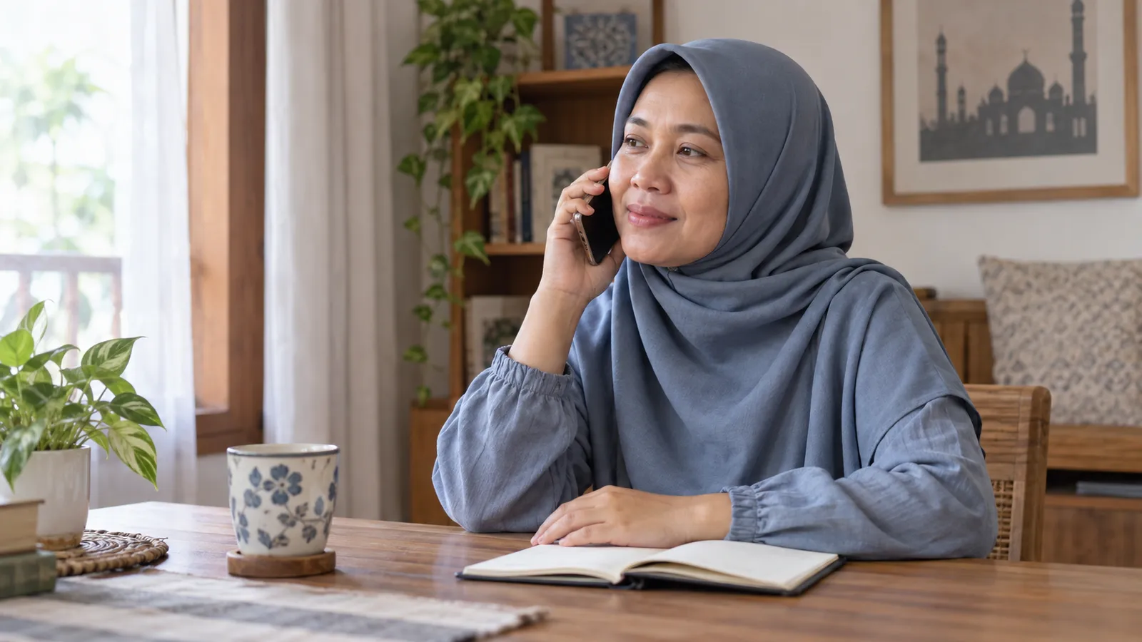 Ilustrasi ibu mendengarkan percakapan telepon dengan buku catatan di meja.